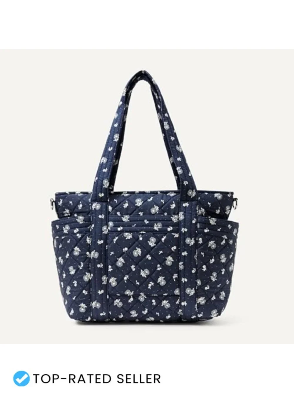 Quilted Cotton Tote Handbag with Padded Handles and Detachable Strap